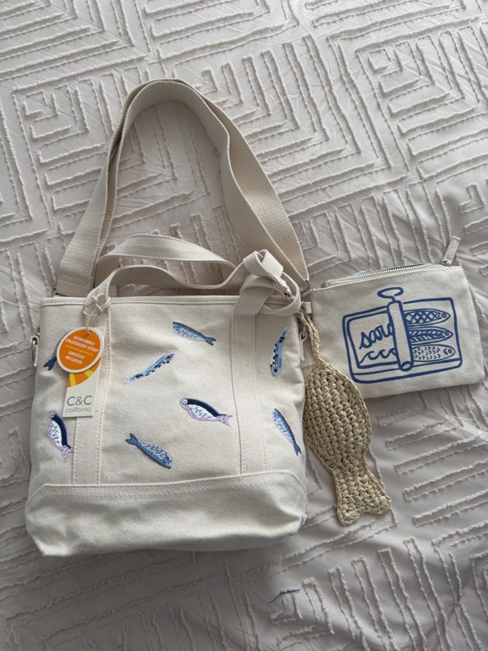 C&C California Embroidered Fish Canvas Tote in Natural with Blue Accents